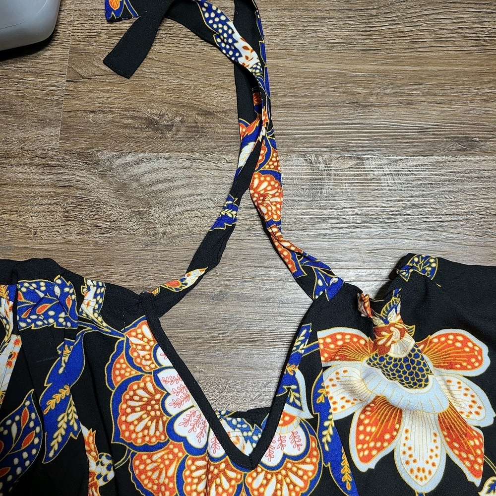 Lauren Conrad Black Floral Boho Mini Dress XS Sleeveless Tie Neck Keyhole Waist - Picture 9 of 10